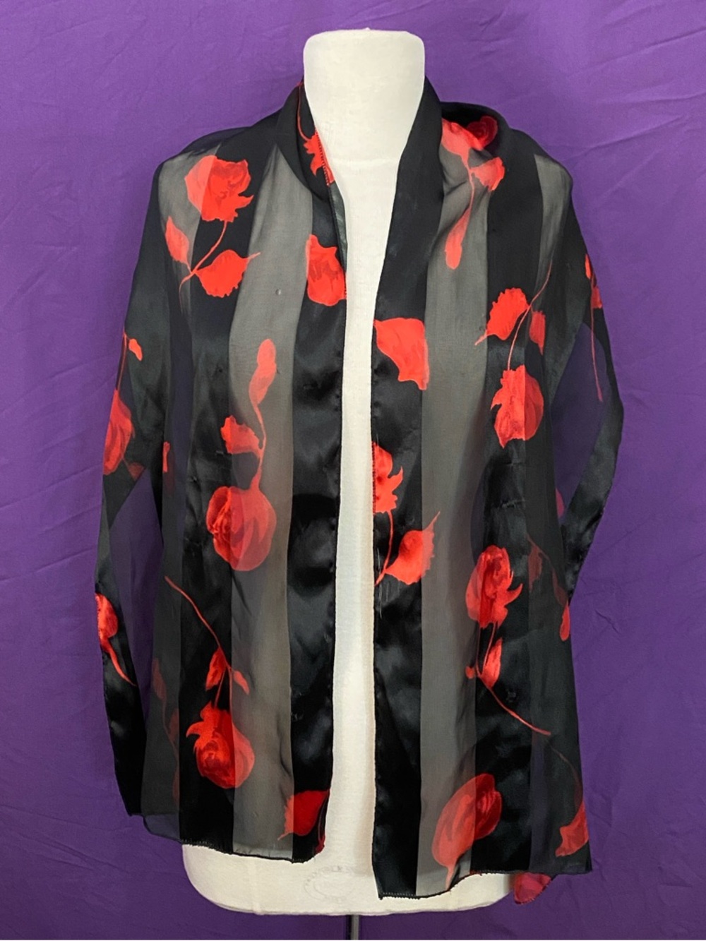 Goth Sheer Black Scarf with Red Roses Print